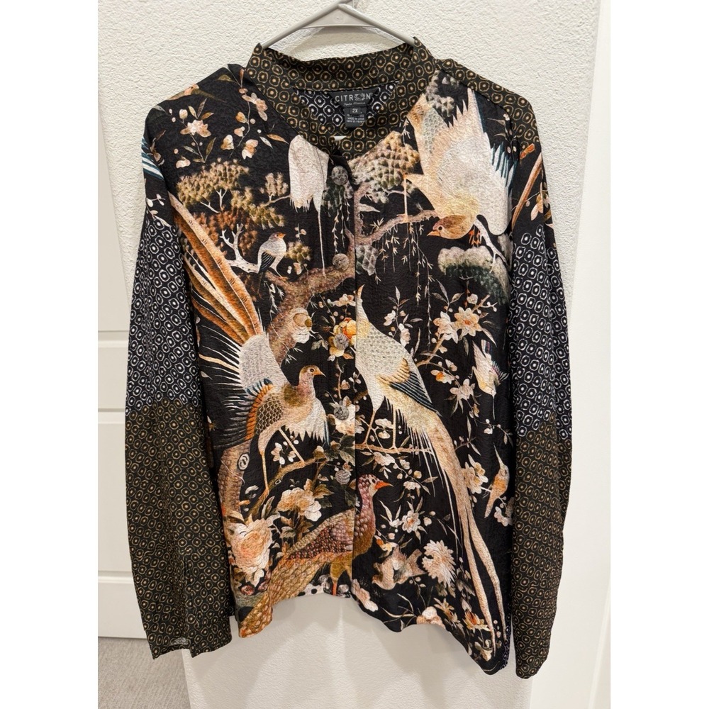 CITRON Santa Monica 2X Mandarian Collar Button-down Blouse Silk Blend Bird Print